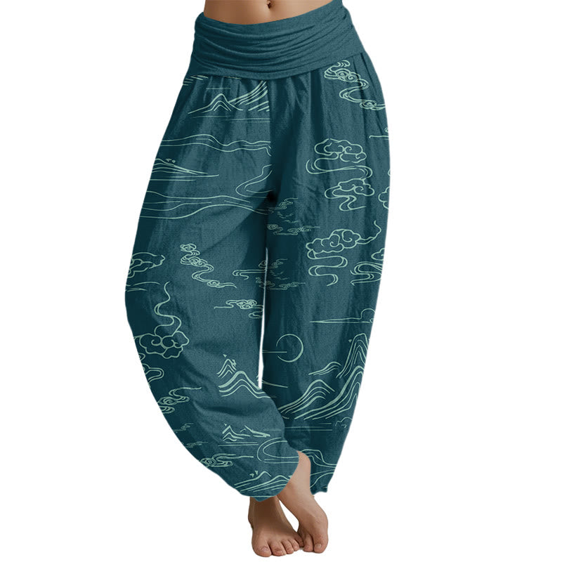 Buddha Stones Mountain Moon Auspicious Clouds Pattern Women's Elastic Waist Harem Pants