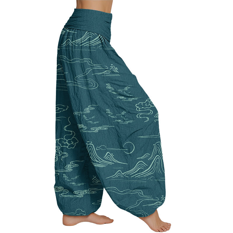 Buddha Stones Mountain Moon Auspicious Clouds Pattern Women's Elastic Waist Harem Pants