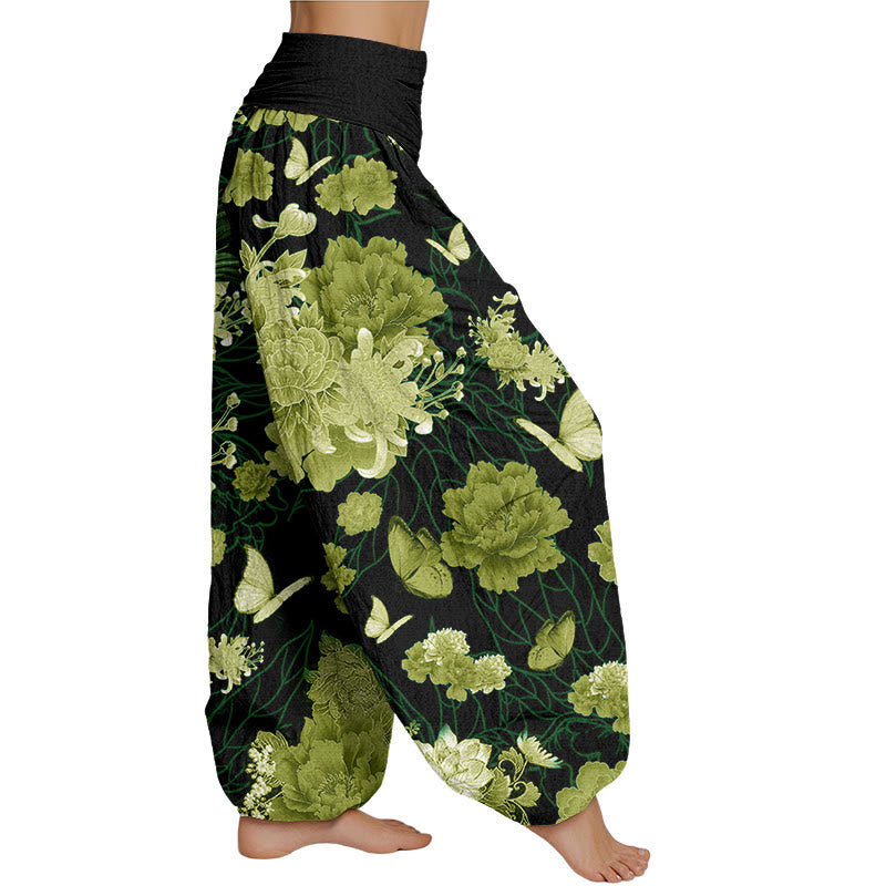 Buddha Stones Peony Flowers Pattern Women's Elastic Waist Harem Pants