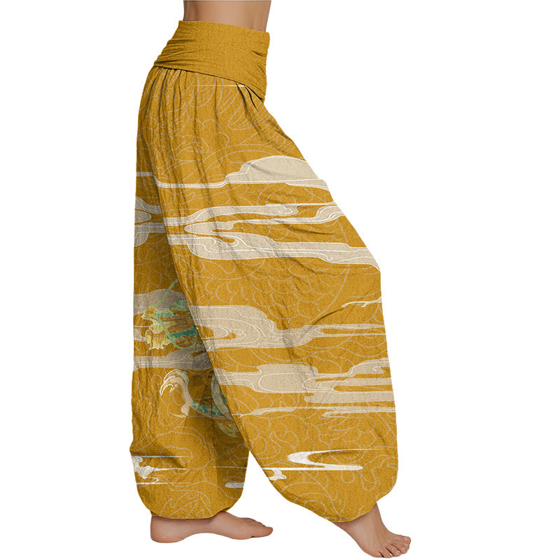 Buddha Stones Casual Dragon Auspicious Clouds Pattern Women's Elastic Waist Harem Pants