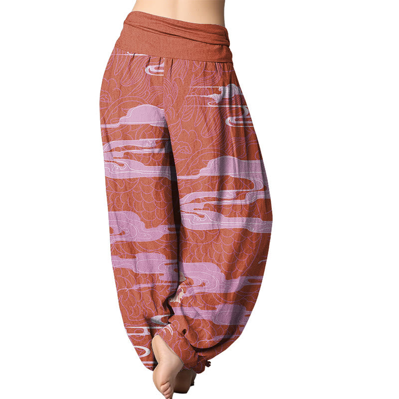 Buddha Stones Casual Dragon Auspicious Clouds Pattern Women's Elastic Waist Harem Pants