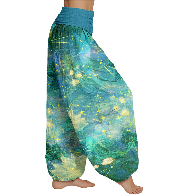 Buddha Stones Koi Fish Lotus Moon Stars Pattern Women's Elastic Waist Harem Pants