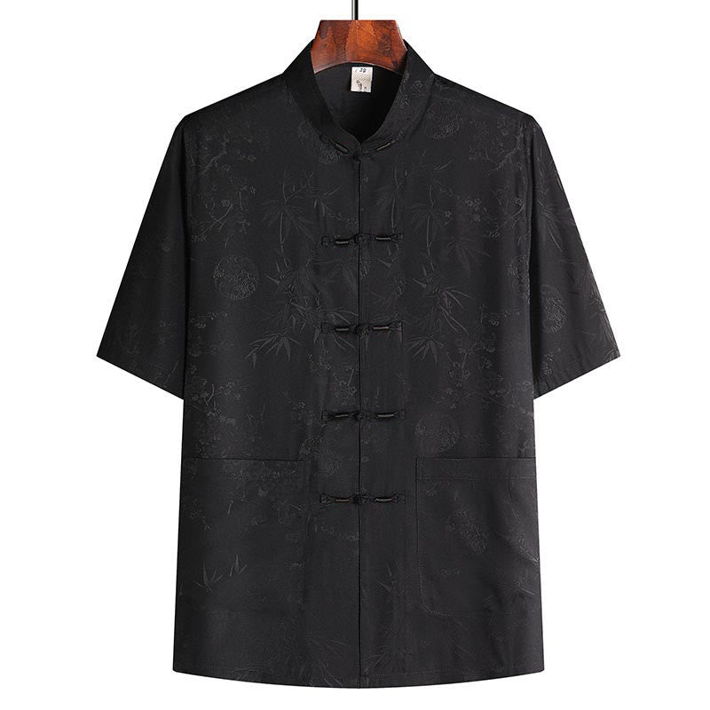 Buddha Stones Bamboo Peach Blossom Tang Suit Hanfu Traditional Uniform Short Sleeve Top Pants Clothing Men's Set - Black Top - US/UK/AU42，EU52 (3XL) - image 8