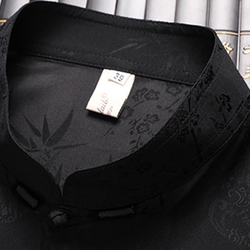 Buddha Stones Bamboo Peach Blossom Tang Suit Hanfu Traditional Uniform Short Sleeve Top Pants Clothing Men's Set - image 9