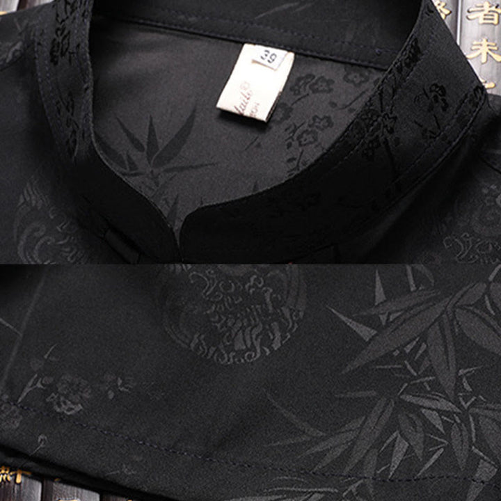 Buddha Stones Bamboo Peach Blossom Tang Suit Hanfu Traditional Uniform Short Sleeve Top Pants Clothing Men's Set - image 11