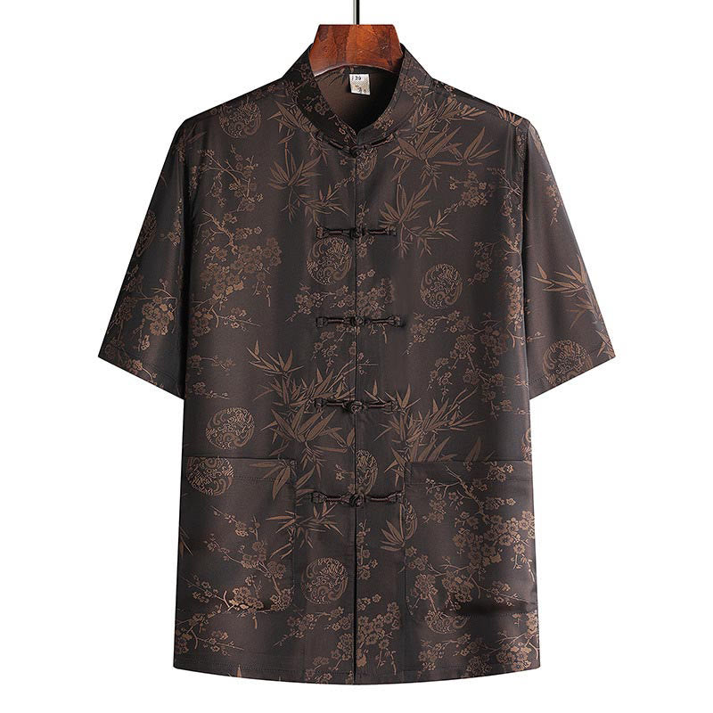 Buddha Stones Bamboo Peach Blossom Tang Suit Hanfu Traditional Uniform Short Sleeve Top Pants Clothing Men's Set - Brown Top - US/UK/AU42，EU52 (3XL) - image 5