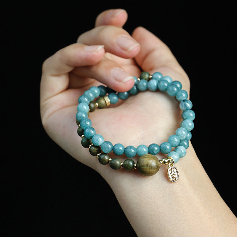 Buddha Stones Blue Chalcedony Green Sandalwood Small Leaf Red Sandalwood Double Wrap Emotional Balance Bracelet