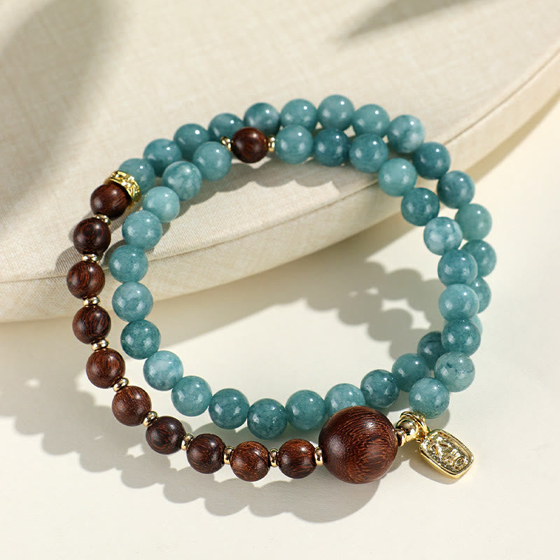 Buddha Stones Blue Chalcedony Green Sandalwood Small Leaf Red Sandalwood Double Wrap Emotional Balance Bracelet