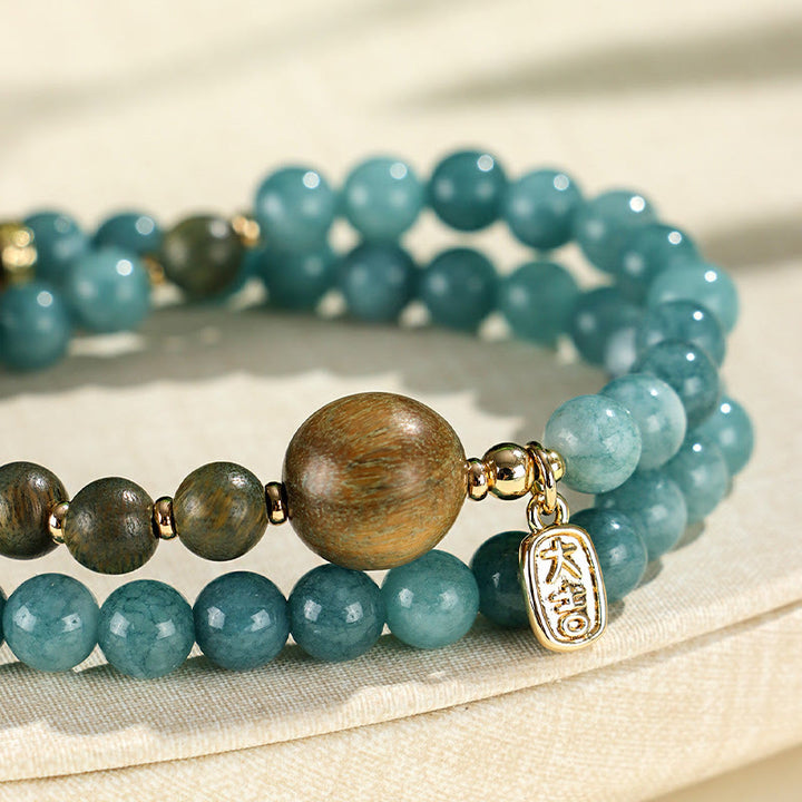 Buddha Stones Blue Chalcedony Green Sandalwood Small Leaf Red Sandalwood Double Wrap Emotional Balance Bracelet