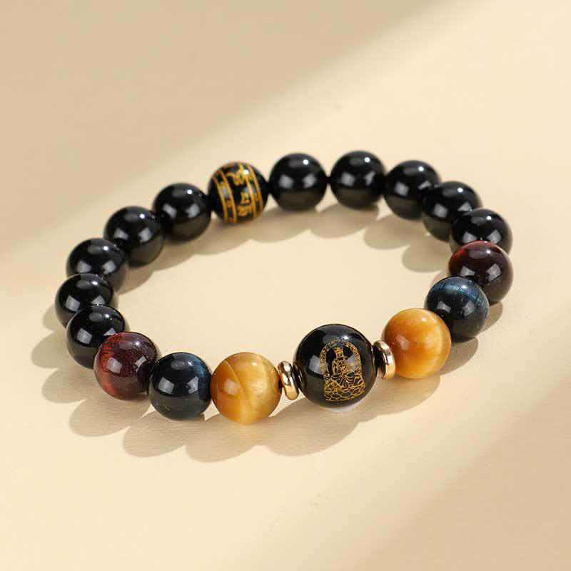 Buddha Stones Black Onyx Tiger Eye Om Mani Padme Hum Chinese Zodiac Natal Buddha Support Bracelet