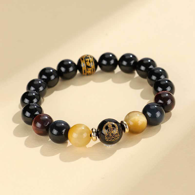 Buddha Stones Black Onyx Tiger Eye Om Mani Padme Hum Chinese Zodiac Natal Buddha Support Bracelet