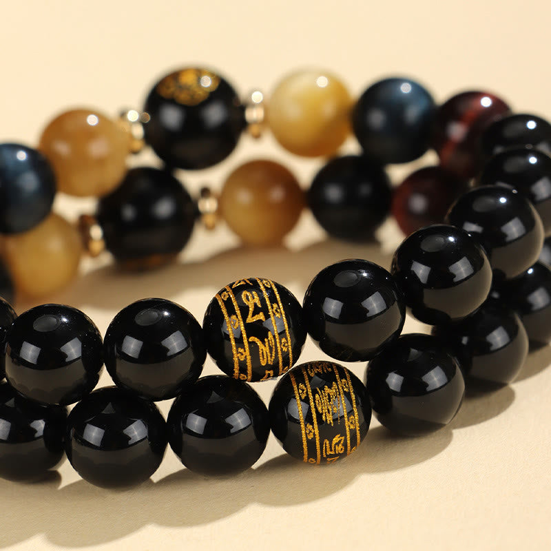 Buddha Stones Black Onyx Tiger Eye Om Mani Padme Hum Chinese Zodiac Natal Buddha Support Bracelet