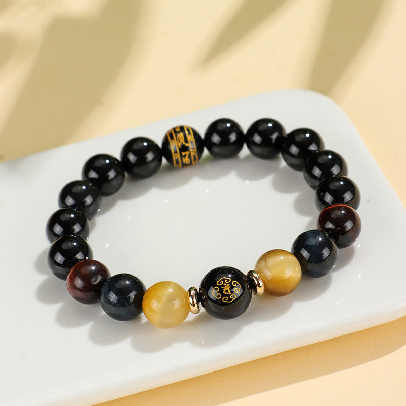 Buddha Stones Black Onyx Tiger Eye Om Mani Padme Hum Chinese Zodiac Natal Buddha Support Bracelet