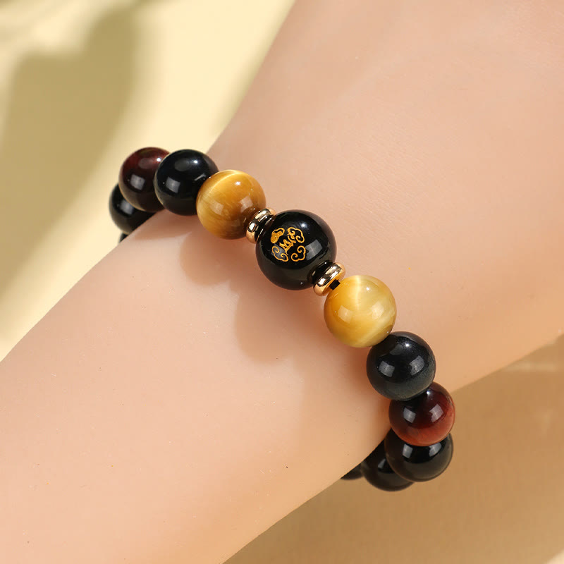 Buddha Stones Black Onyx Tiger Eye Om Mani Padme Hum Chinese Zodiac Natal Buddha Support Bracelet