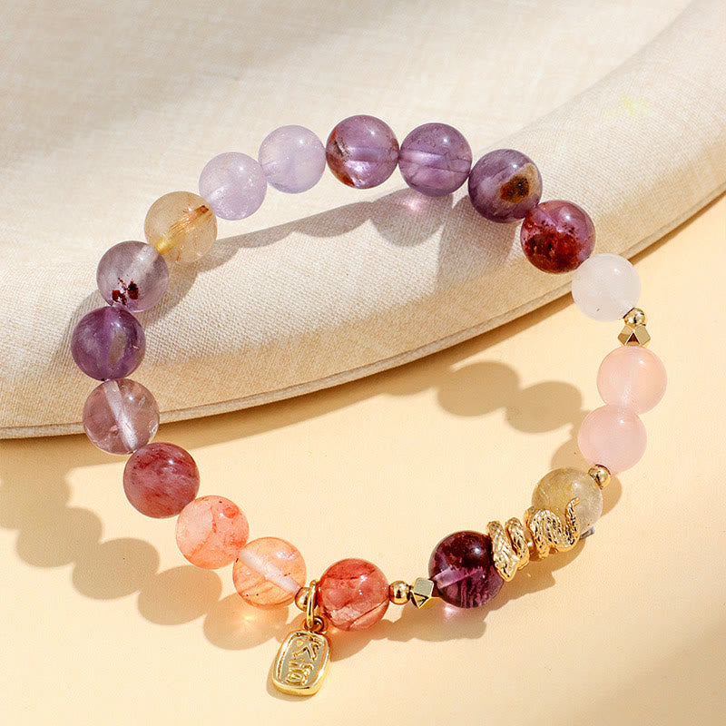 Buddha Stones Various Crystal Pink Crystal Amethyst Year Of The Snake Lucky Bracelet - image 3