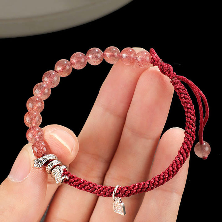 Buddha Stones Natural Strawberry Quartz Silver Sheen Obsidian Year of the Snake String Protection Braided Bracelet