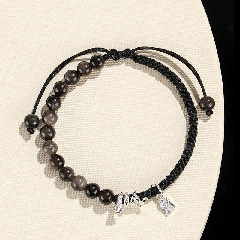 Buddha Stones Natural Strawberry Quartz Silver Sheen Obsidian Year of the Snake String Protection Braided Bracelet