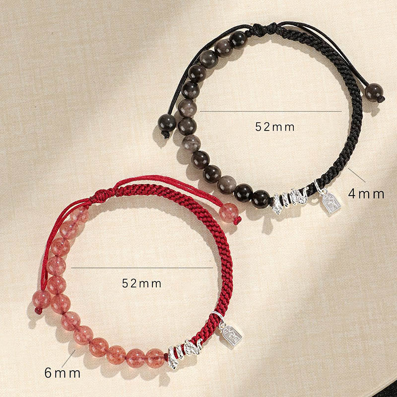 Buddha Stones Natural Strawberry Quartz Silver Sheen Obsidian Year of the Snake String Protection Braided Bracelet