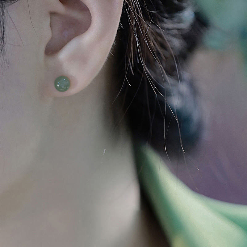 Buddha Stones Round Jade Beaded Luck Stud Earrings