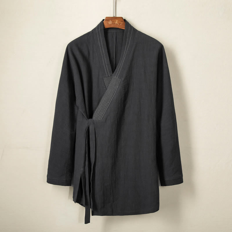 Buddha Stones Simple Fall Lace-up Cotton Linen Men Jacket Coat Zen Clothing - Black - US/UK/AU44，EU54 (4XL) - image 0