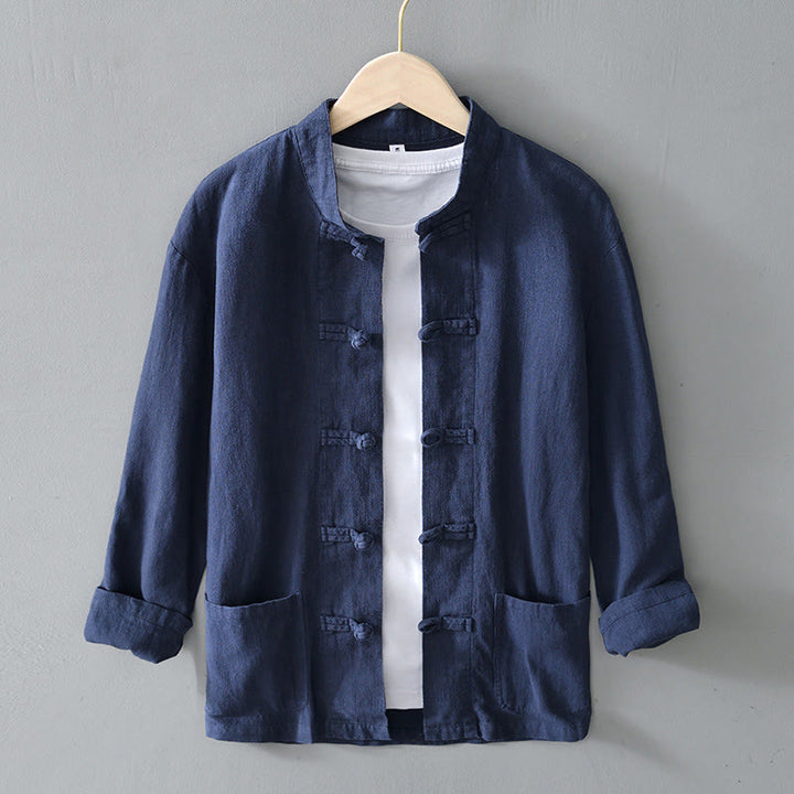 Buddha Stones Frog-Button Chinese Tang Suit Cotton Linen Men Shirt With Pockets - SteelBlue - US/UK/AU50，EU60 (5XL) - image 28