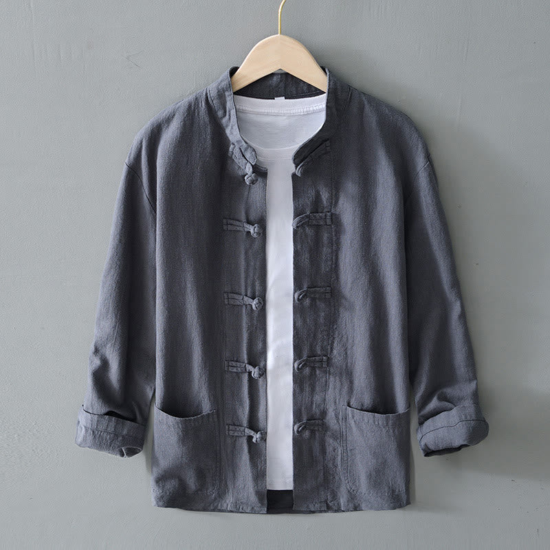 Buddha Stones Frog-Button Chinese Tang Suit Cotton Linen Men Jacket Shirt With Pockets - Gray - US/UK/AU50，EU60 (5XL) - image 1