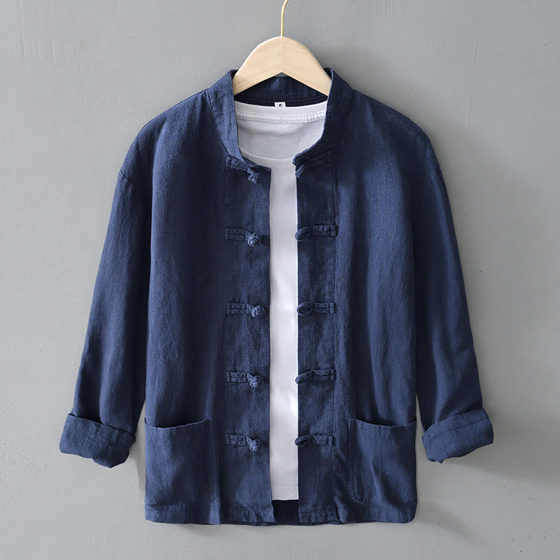 Buddha Stones Frog-Button Chinese Tang Suit Cotton Linen Men Jacket Shirt With Pockets - SteelBlue - US/UK/AU50，EU60 (5XL) - image 30