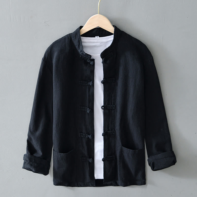 Buddha Stones Frog-Button Chinese Tang Suit Cotton Linen Men Jacket Shirt With Pockets - Black - US/UK/AU50，EU60 (5XL) - image 15