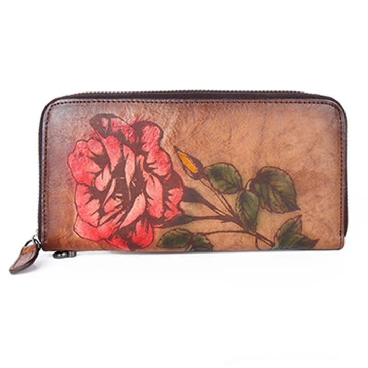 Buddha Stones Retro Rose Printed Leather Bag Journey Shopping Purse Handbag Wallet