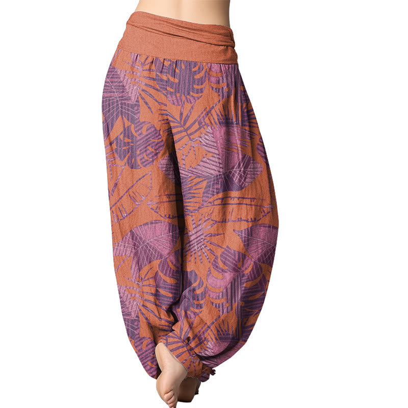 Buddha Stones Leaves Pattern Women's Elastic Waist Harem Pants