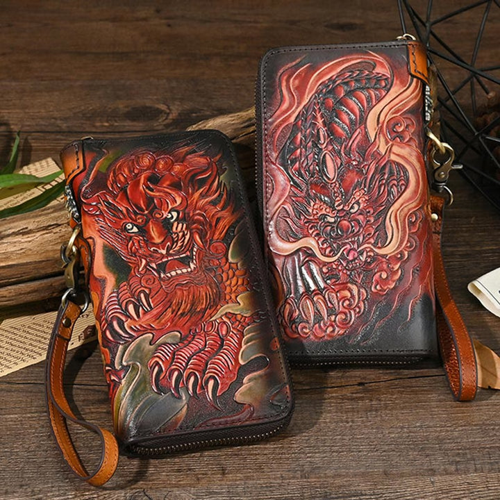 Buddha Stones Mythical Beast Lion Copper Coins Printed Leather Bag Journey Shopping Purse Handbag