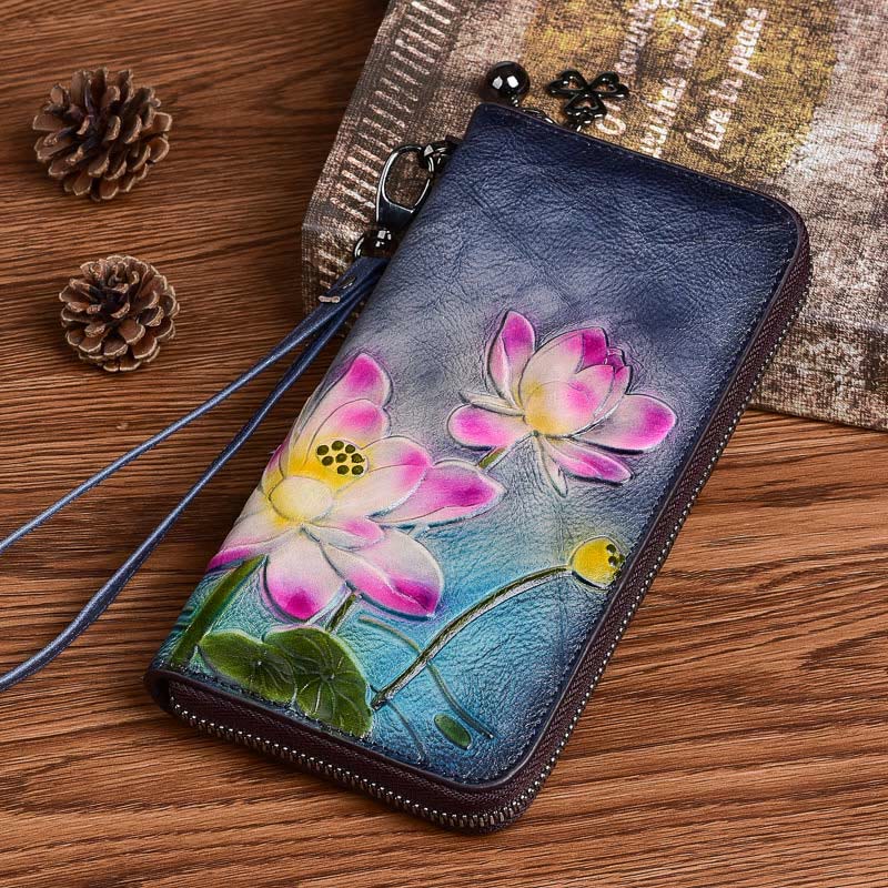 Buddha Stones Retro Lotus Printed Leather Bag Journey Shopping Purse Handbag