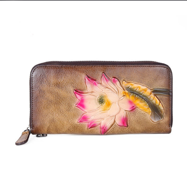 Buddha Stones Retro Lotus Printed Leather Bag Journey Shopping Purse Handbag