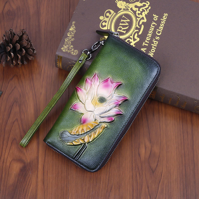 Buddha Stones Retro Lotus Leaf Printed Leather Bag Journey Shopping Purse Handbag