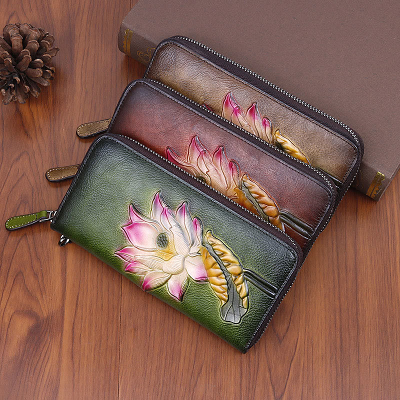 Buddha Stones Retro Lotus Leaf Printed Leather Bag Journey Shopping Purse Handbag