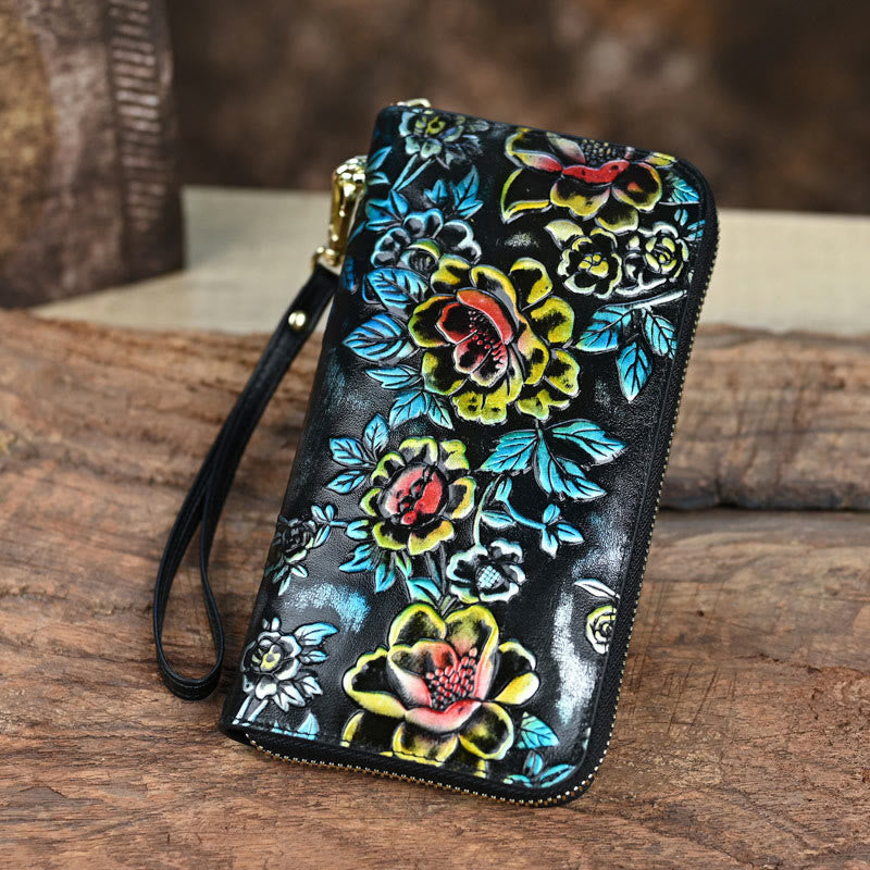 Buddha Stones Retro Lotus Printed Leather Bag Journey Shopping Purse Handbag Wallet