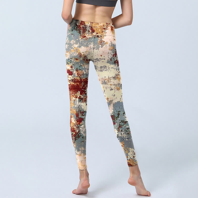 Buddha Stones Beige Red Grey Abstract Design Print Exercise Leggings Women's Yoga Pants