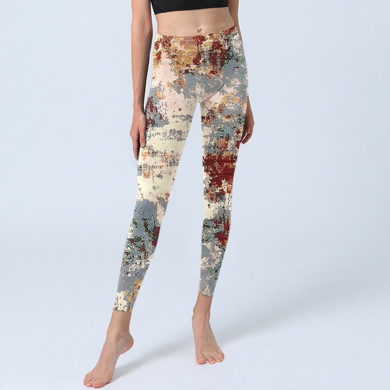 Buddha Stones Beige Red Grey Print Exercise Leggings Women's Yoga Pants