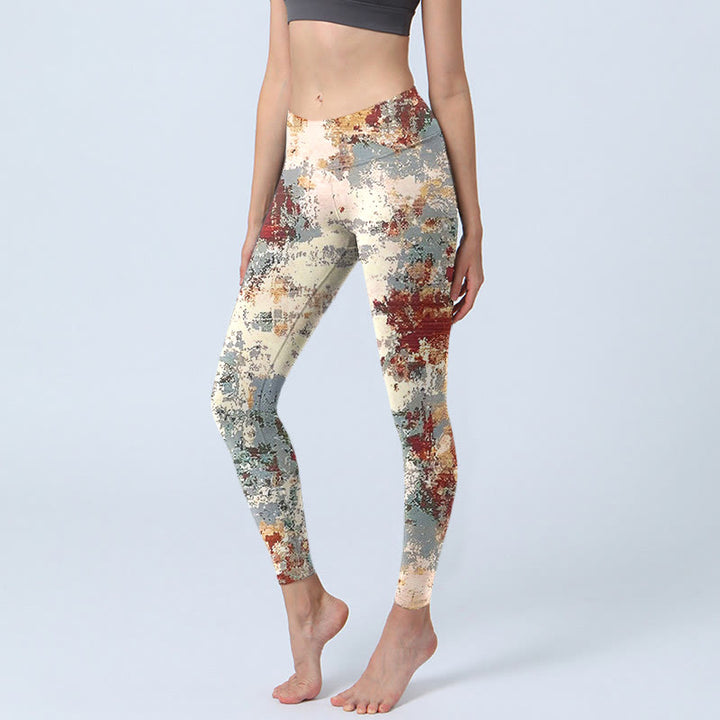 Buddha Stones Beige Red Grey Abstract Design Print Exercise Leggings Women's Yoga Pants - Beige - US18，UK/AU22，EU50 (4XL) - image 0