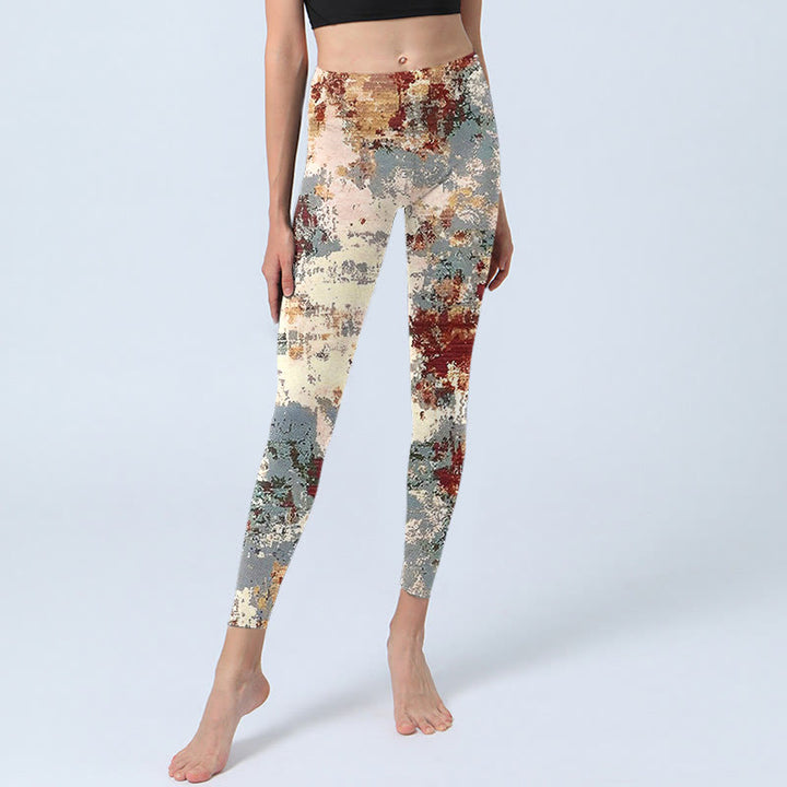 Buddha Stones Beige Red Grey Abstract Design Print Exercise Leggings Women's Yoga Pants