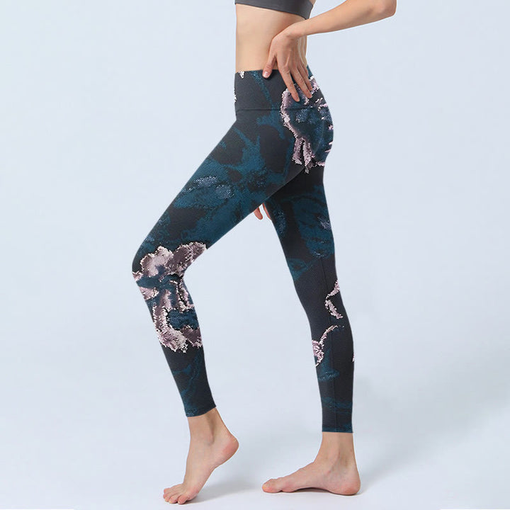 Buddha Stones SteelBlue Silver Flowers Print Exercise Leggings Women's Yoga Pants - image 2