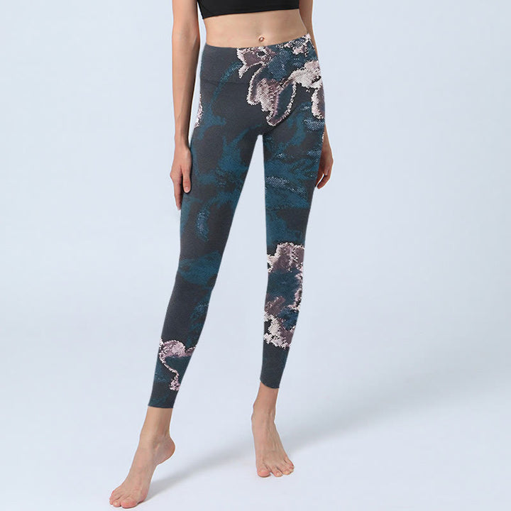 Buddha Stones SteelBlue Silver Flowers Print Exercise Leggings Women's Yoga Pants