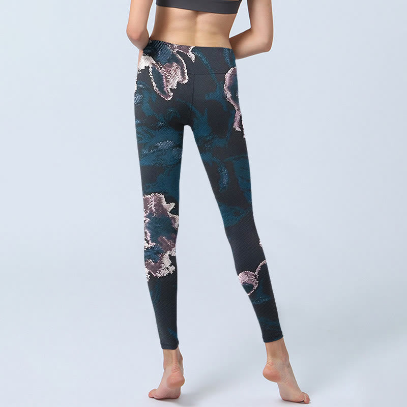 Buddha Stones SteelBlue Silver Flowers Print Exercise Leggings Women's Yoga Pants