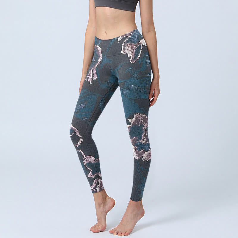 Buddha Stones SteelBlue Silver Flowers Print Exercise Leggings Women's Yoga Pants - SteelBlue - US18，UK/AU22，EU50 (4XL) - image 0