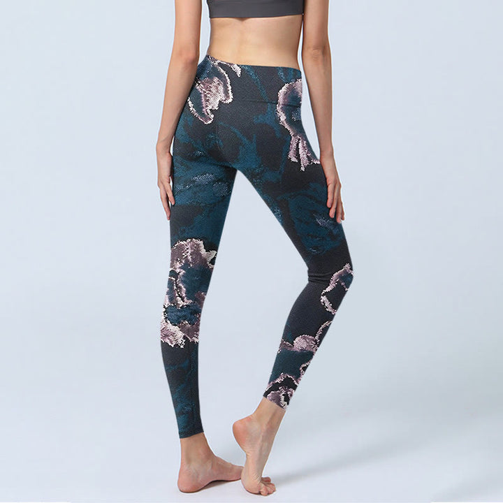 Buddha Stones SteelBlue Silver Flowers Print Exercise Leggings Women's Yoga Pants