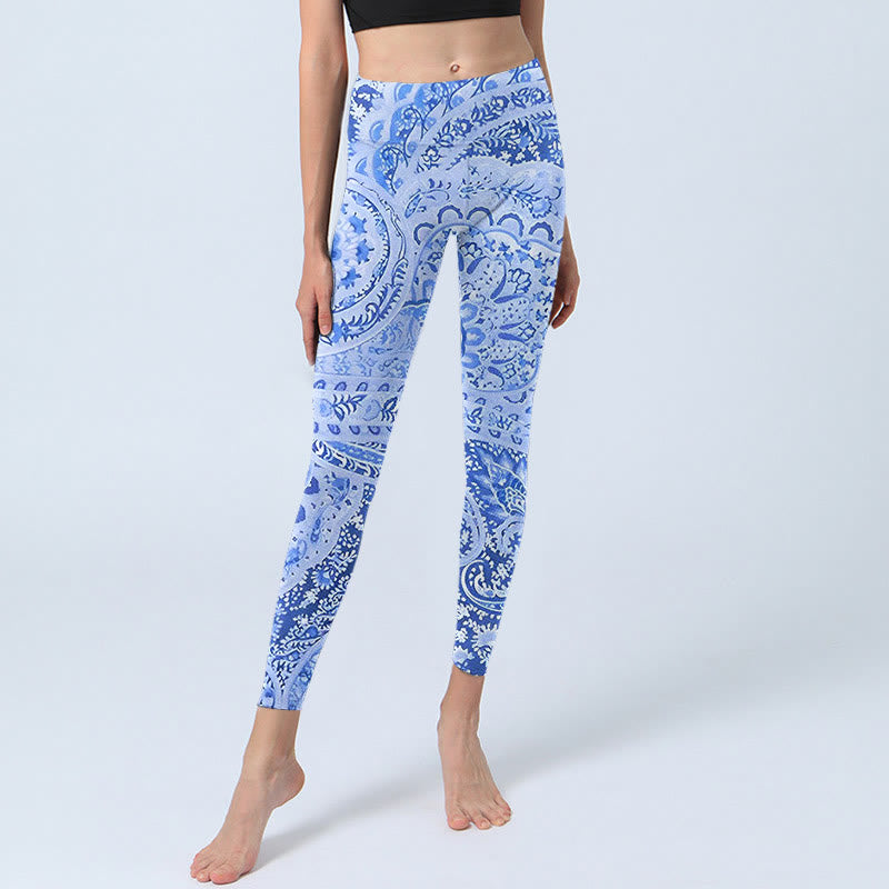 Buddha Stones Persian Style RoyalBlue White Flowers Pattern Print Exercise Leggings Women's Yoga Pants