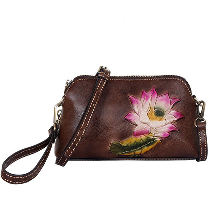 Buddha Stones Pink Lotus Flower Leaf Printed Leather Bag Journey Shopping Purse Handbag Shoulder Bag Crossbody Bag