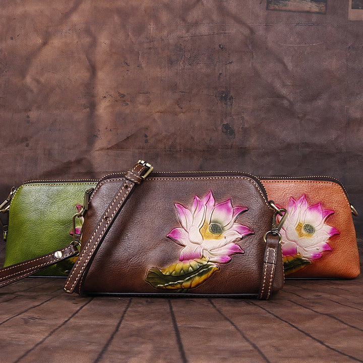 Buddha Stones Pink Lotus Flower Leaf Printed Leather Bag Journey Shopping Purse Handbag Shoulder Bag Crossbody Bag