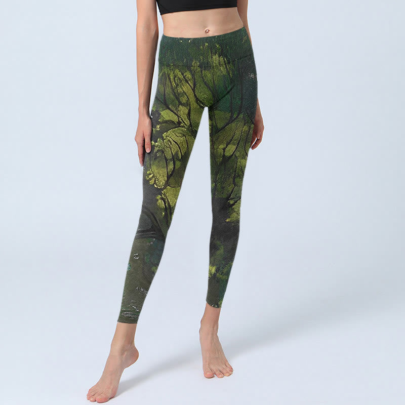 Buddha Stones ForestGreen Leaves Black Lines Print Exercise Leggings Women's Yoga Pants