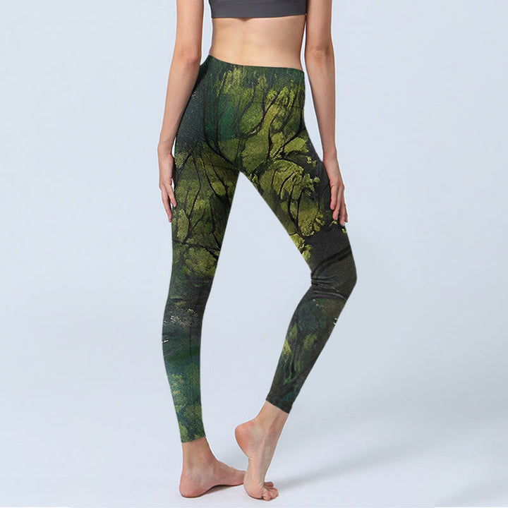 Buddha Stones ForestGreen Leaves Black Lines Print Exercise Leggings Women's Yoga Pants